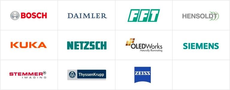 Zufriedene Kunden von hema electronic: Bosch Daimler FFT Hensoldt Kuka Netzsch OLEDWorks Siemens Stemmer Imaging ThyssenKrupp Zeiss