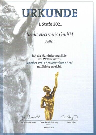 Foto Nominierungs-Urkunde Mittelstandspreis Foto Nominierungs-Urkunde Mittelstandspreis