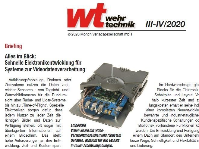 Foto Fachartikel "Schnelle Elektronikentwicklung für Systeme zur Videodatenverarbeitung" in der WT Wehrtechnik 3/4 2020